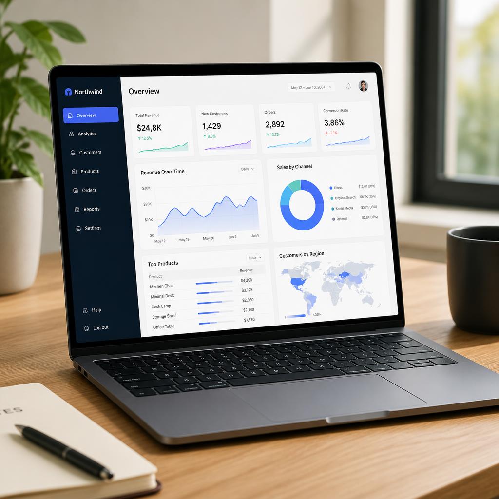 Clean modern dashboard interface on a laptop screen showing analytics charts and data visualizations with a minimalist desk setup and natural lighting